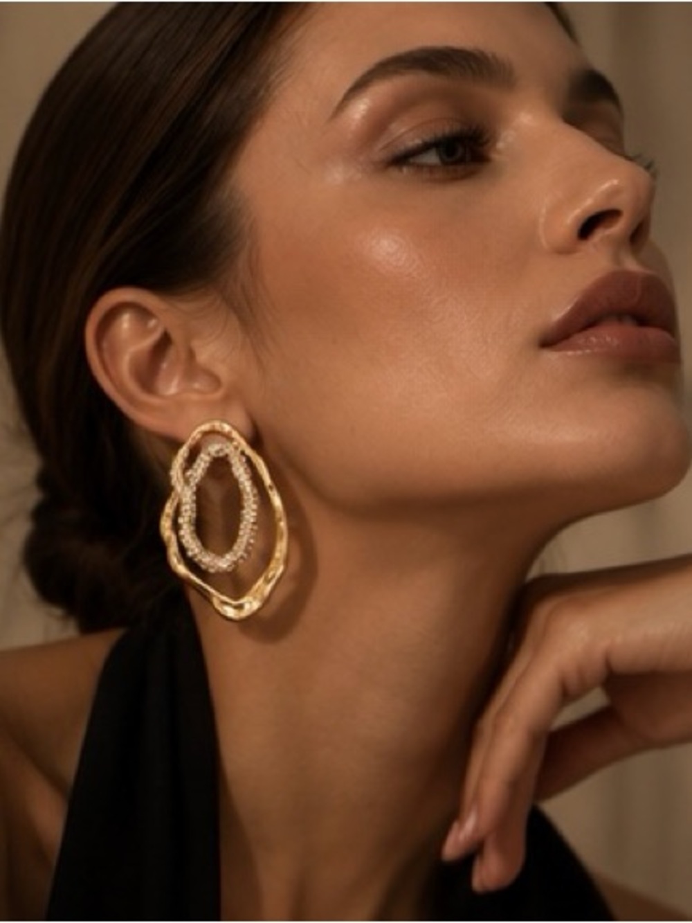 Sculptural Gold Crystal Oval Earrings
